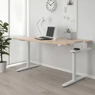 BOLLSIDAN/FÖRSÄSONG set: desk sit/stand + cable management tray, electric white stained oak effect/white + white, Width 160 x Depth 70 cm