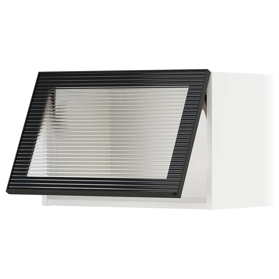 Modern black METOD kitchen cabinet with frosted glass, sleek design.