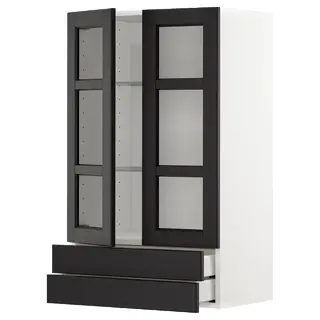 METOD / MAXIMERA wall cab w 2 glass doors/2 drawers, white/Lerhyttan black stained, 60x100 cm
