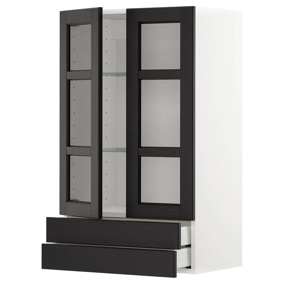 Black stained glass door cabinet with two drawers for kitchen storage.
