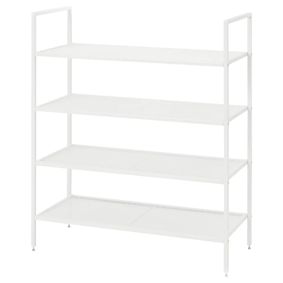 White BOJTEN 4-tier shoe rack, steel frame, space-efficient design.