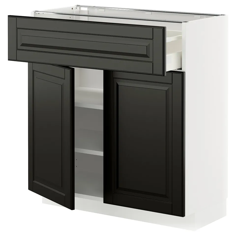 Modern kitchen cabinet with dark grey doors and drawer, white frame, and adjustable shelves.
