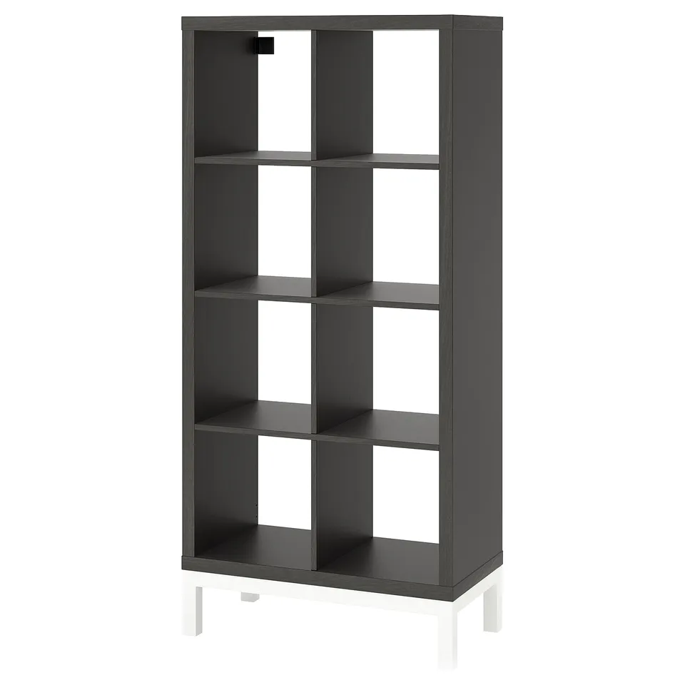 KALLAX black shelf unit, 5 cube sections, metal legs, modern minimalist design.