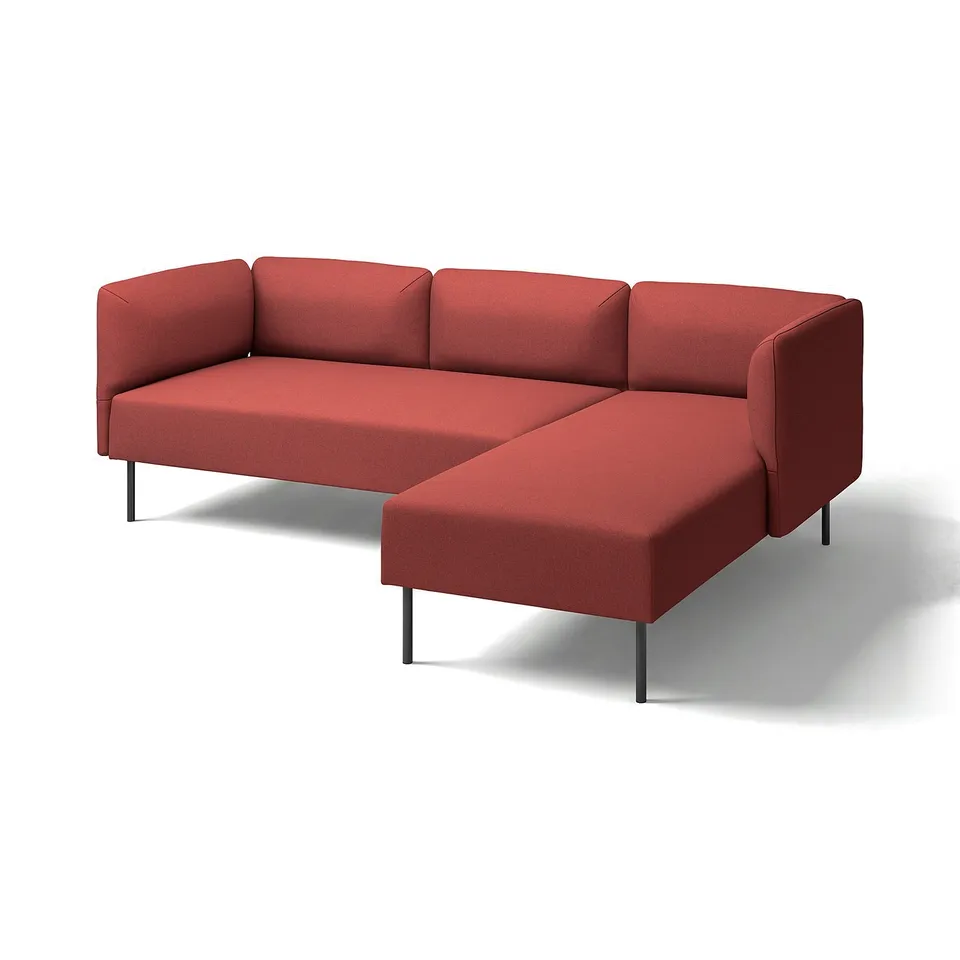 LILLEHEM: vibrant red, l-shaped, modular sofa with sleek metal legs, modern.