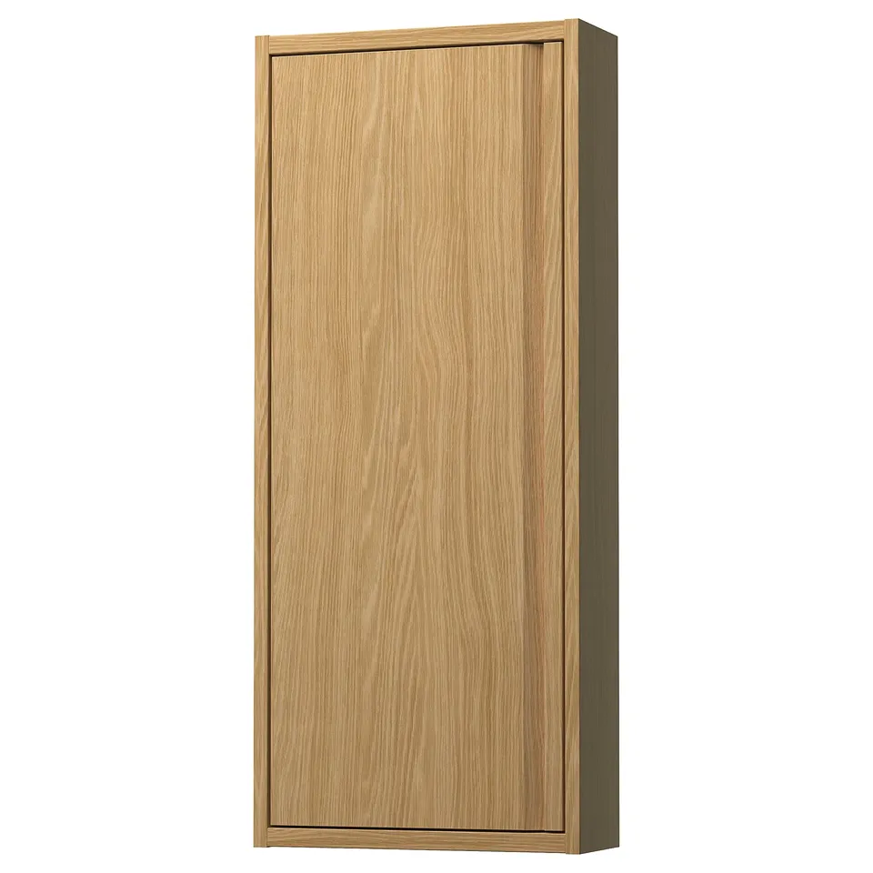 ÄNGSJÖN wooden wall cabinet, minimalist, light brown, rectangular, integrated handles.