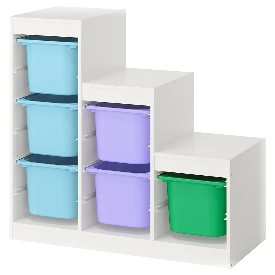 TROFAST storage with white frames, blue, purple, and green bins, ideal for kids.