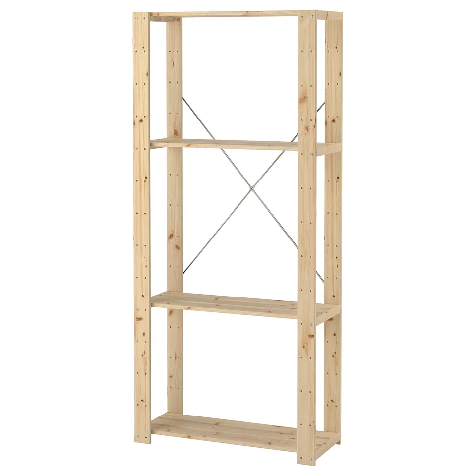 An IKEA HEJNE pinewood storage rack, light-colored, rectangular, with three open shelves and diagonal support braces.