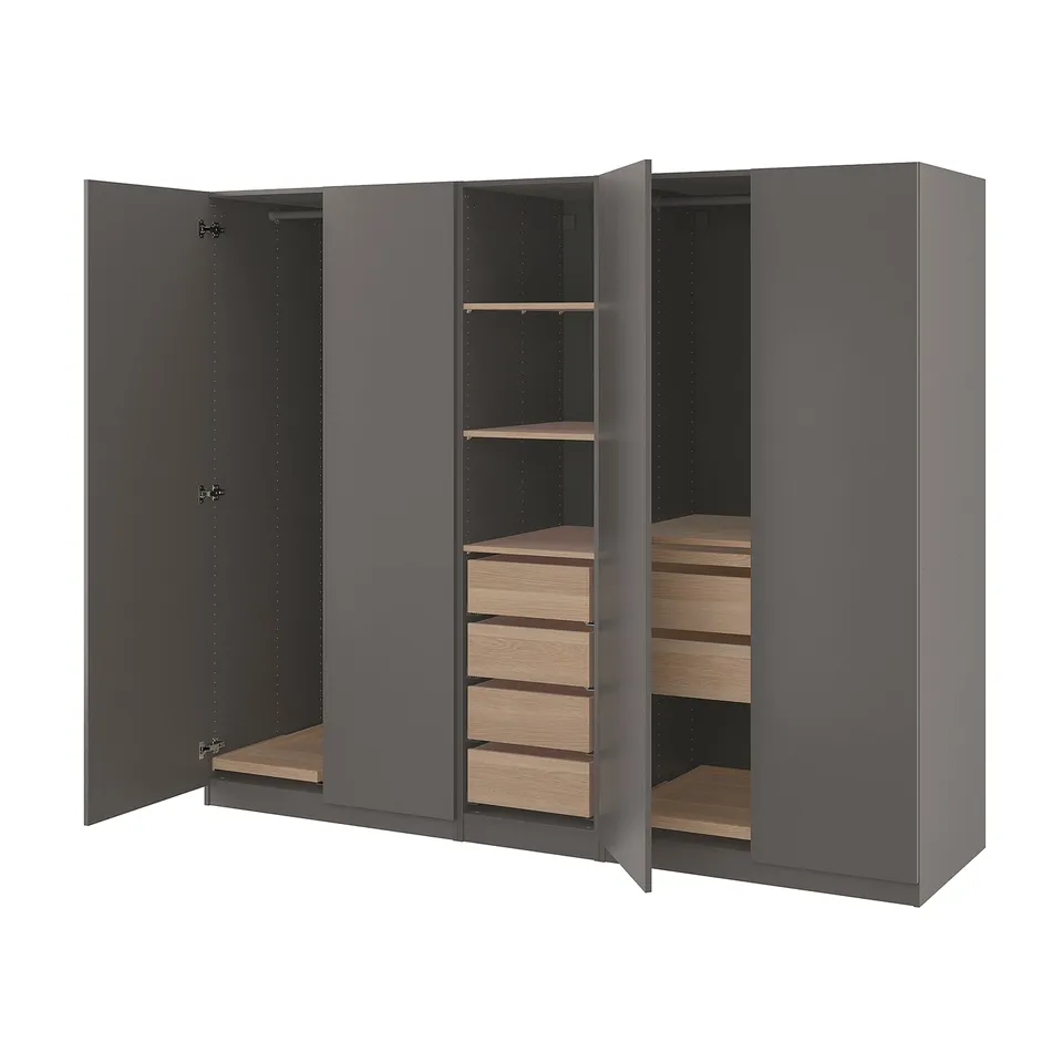 An open grey PAX wardrobe with wooden shelves and drawers.