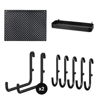 SKÅDIS set: pegboard + shelf + hook x2 + hook, black, 76x56 cm