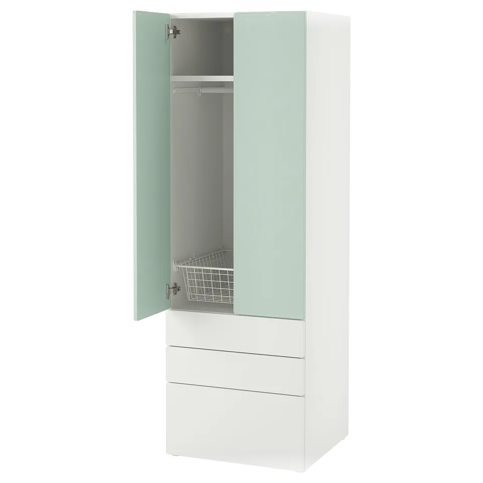 A white and light green SMÅSTAD wardrobe with three drawers and an open door revealing a hanging rod and wire basket inside.
