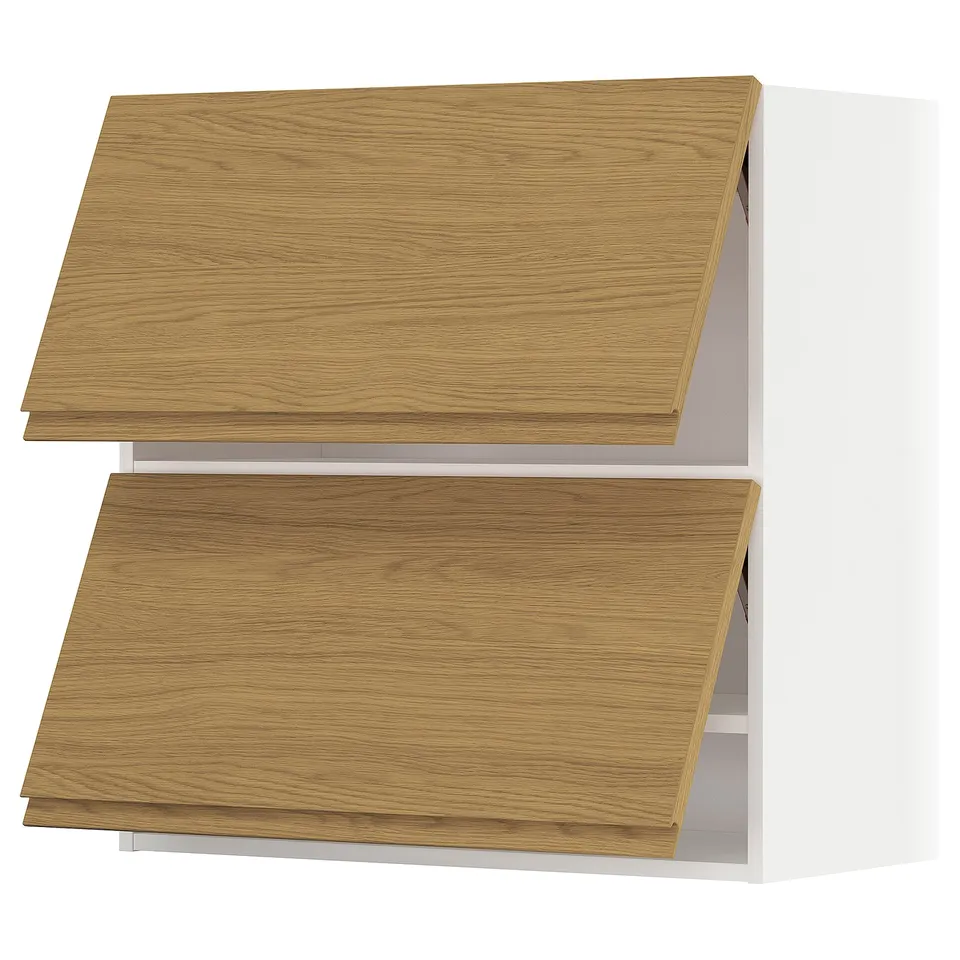 Modern kitchen cabinets, light wood, two shelves.