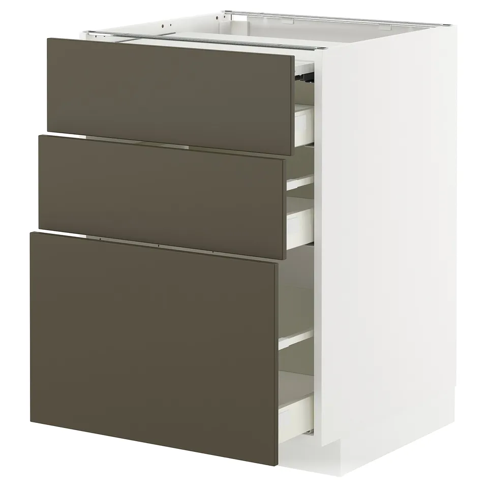 Modern kitchen cabinet, three drawers, dark brown/beige.