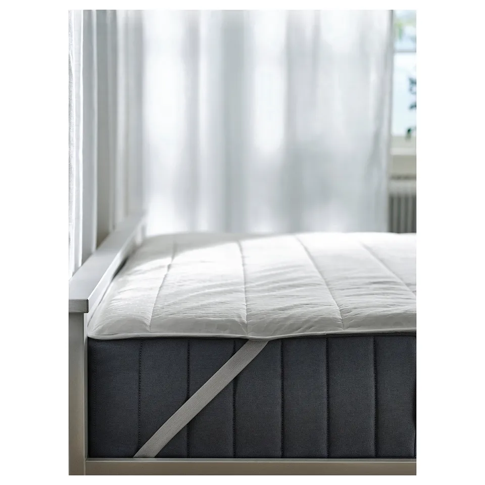 Grey ROSENVIAL cooling mattress protector with smooth, white top, quilted, secure with corner elastic straps.