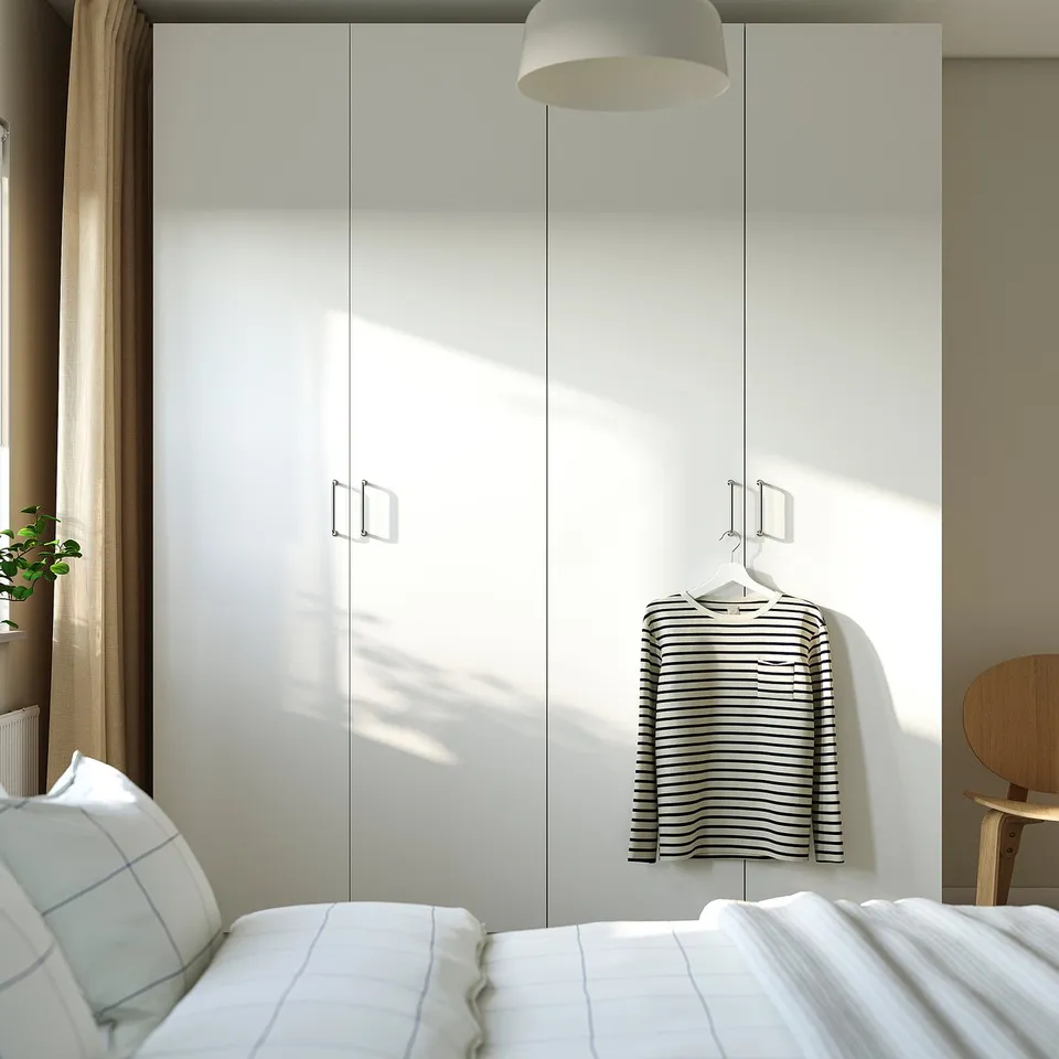 Modern bedroom with tall white PAX wardrobe, striped shirt, and soft sunlight.