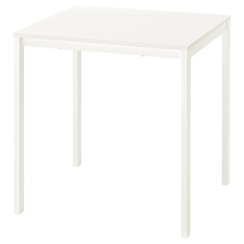 VIHALS: white square dining table, minimalist design, sturdy steel legs, melamine top.