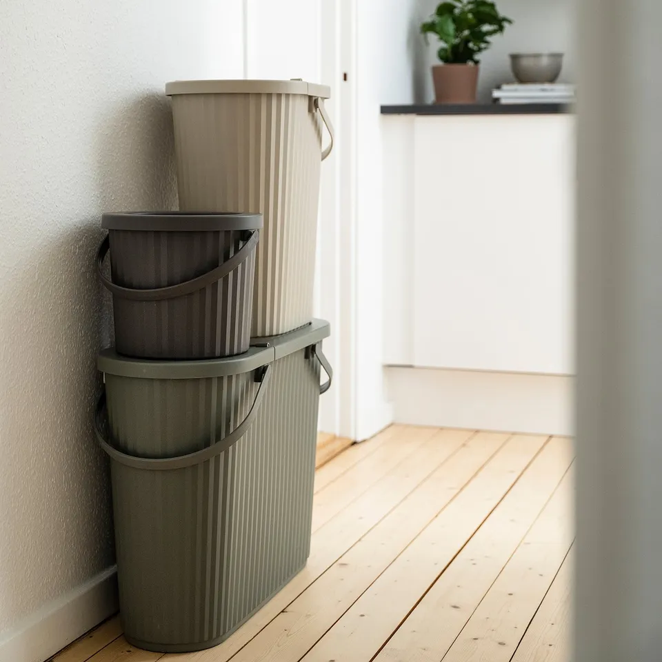 Three light green DAMMÄNG recycling bins, stacked, with handles and lids.