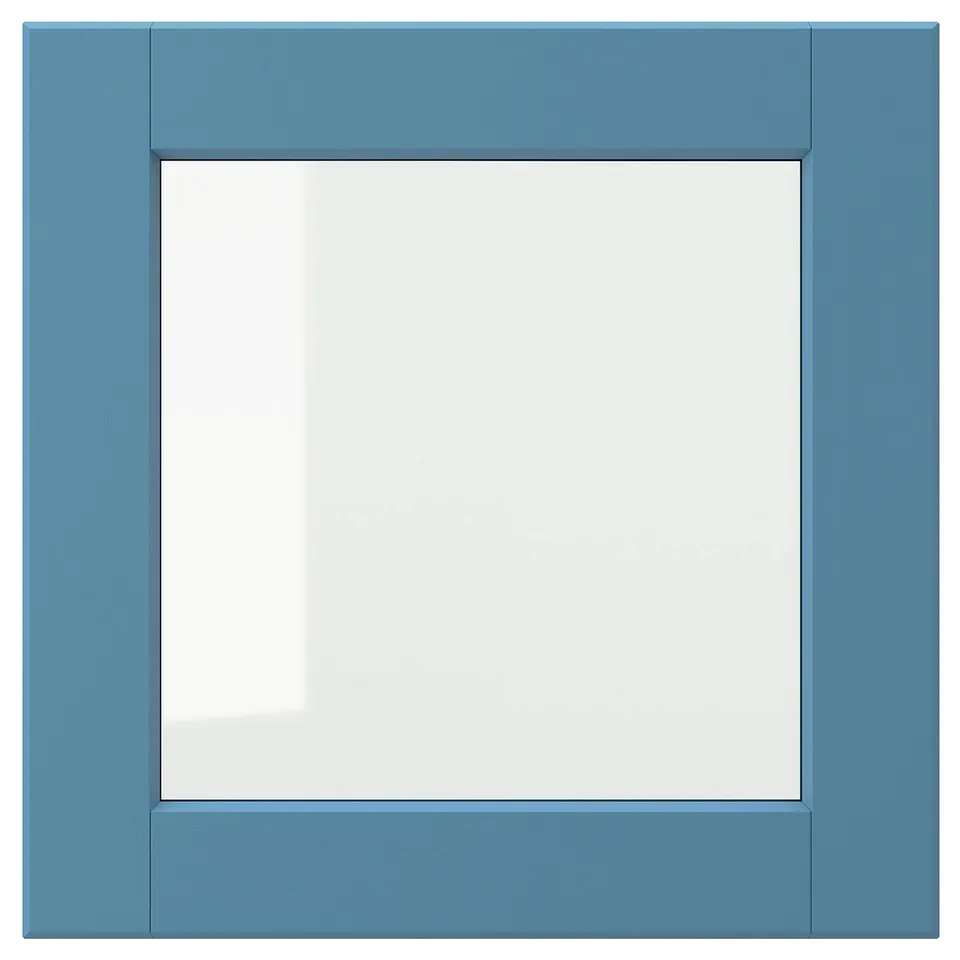 Blue framed square mirror with bevelled edges.