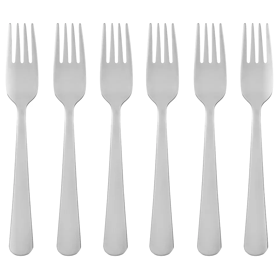 Six silver stainless steel forks, neatly arranged in a row, featuring a sleek modern design with smooth handles and equally spaced tines.