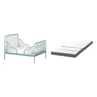 HÄMPLING/MINNEN set: ext bed frame with slatted bed base + 3D mattress for extendable bed, grey-blue, 80x200 cm