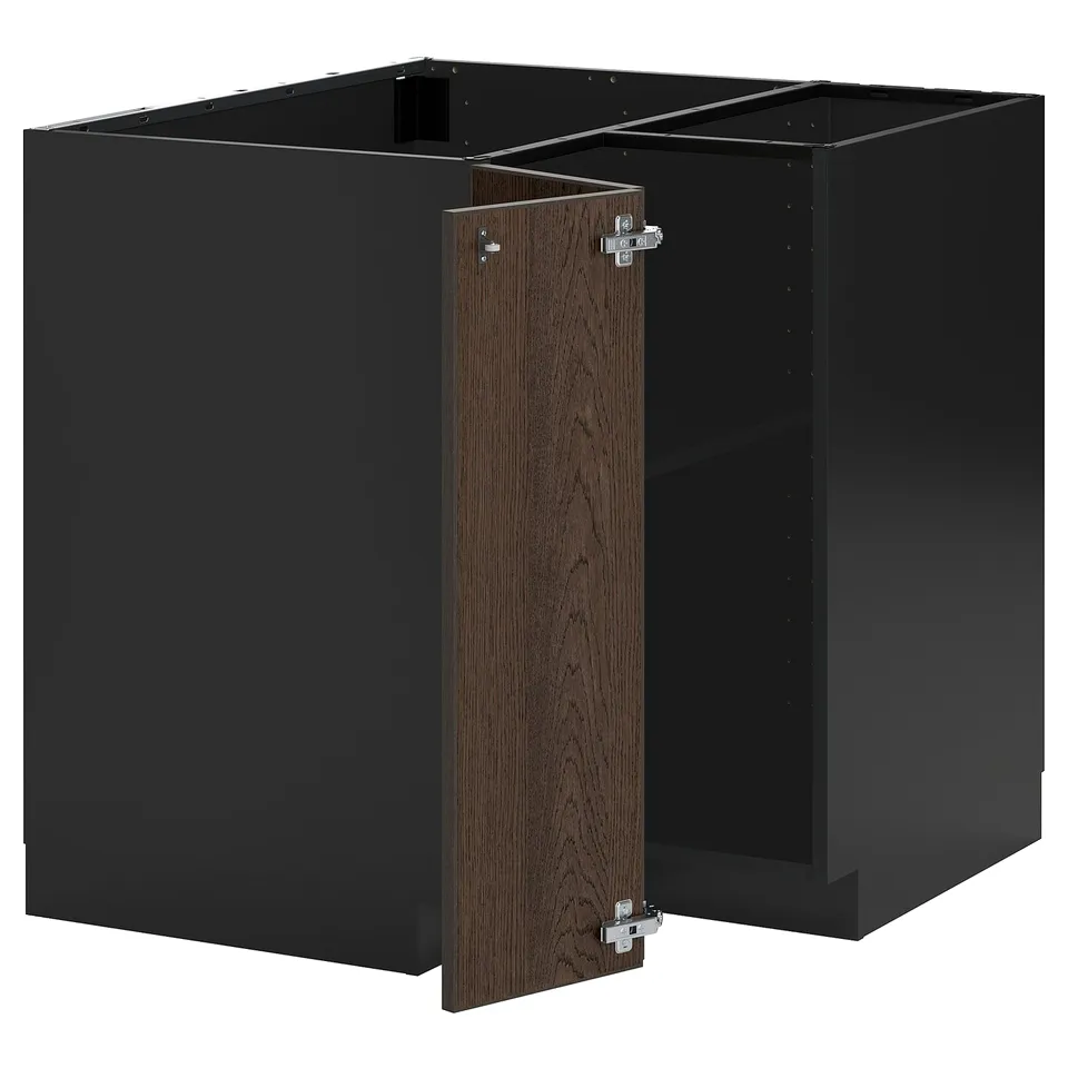 A dark grey kitchen cabinet box with a brown wood-grain door, featuring a sturdy design with adjustable shelves.