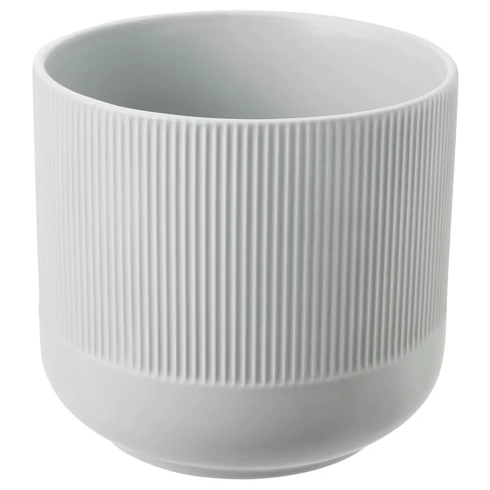 White GRADVIS ceramic planter, round, ribbed texture.