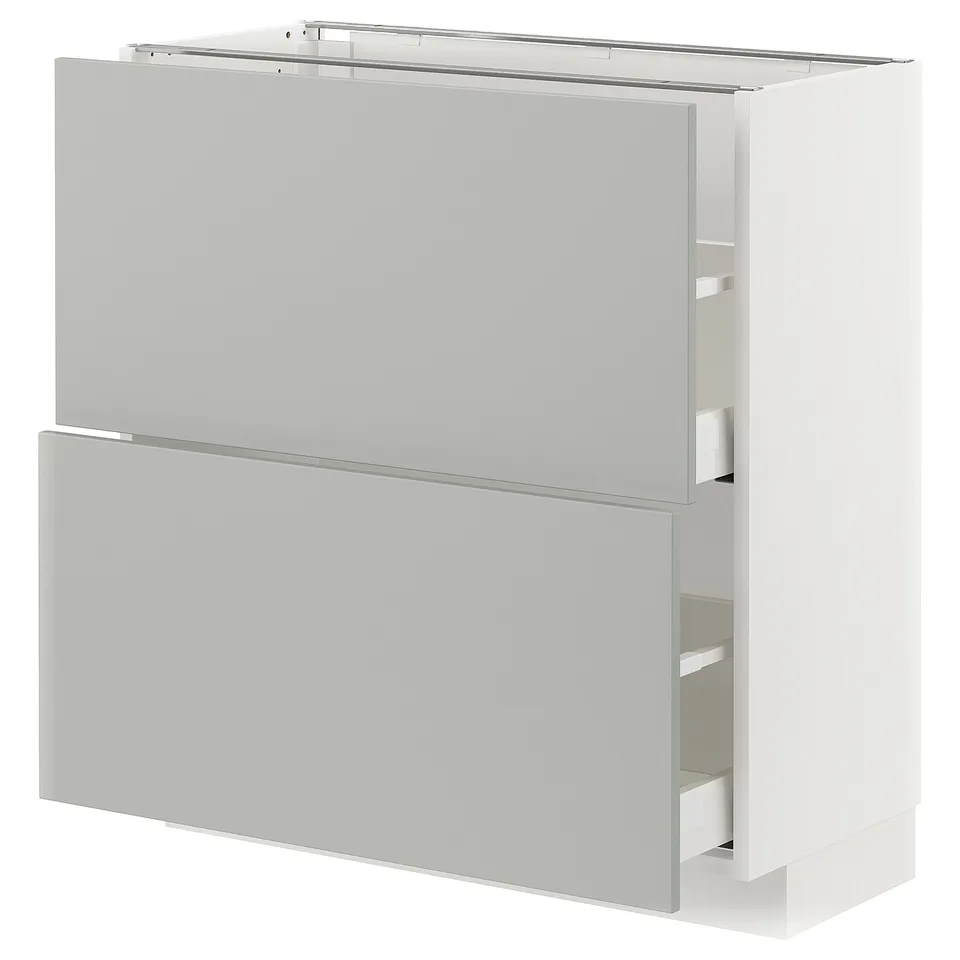 Modern, light grey kitchen cabinet with sleek drawers. Compact and minimalist design.