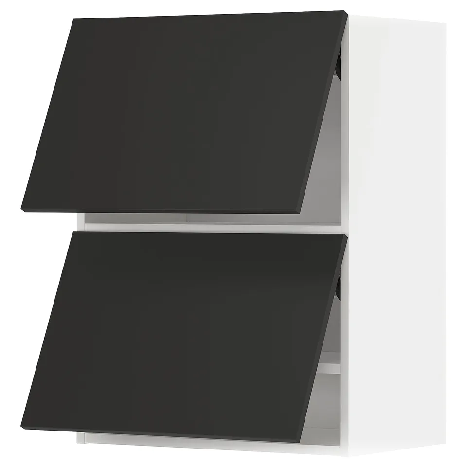 Black modern kitchen cabinet, angled. Part of METOD system. Matt finish, square design.