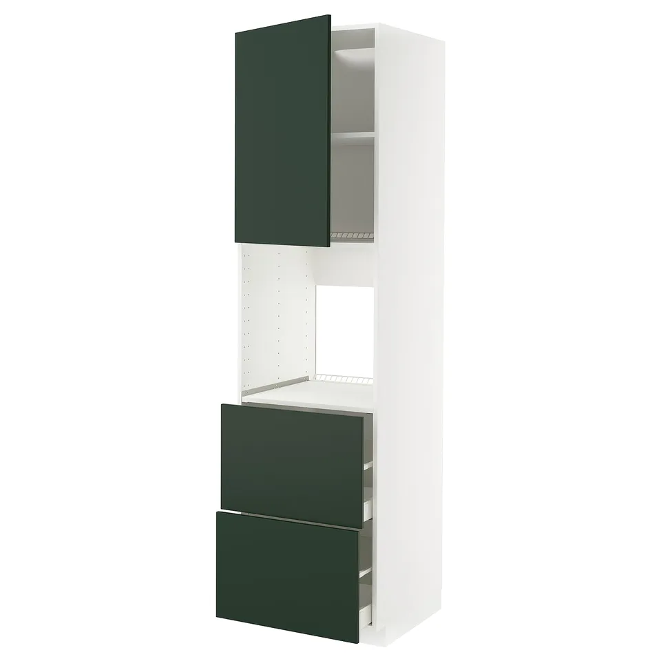 A white and green kitchen cabinet set with a frame, two drawers, and an open cabinet door.