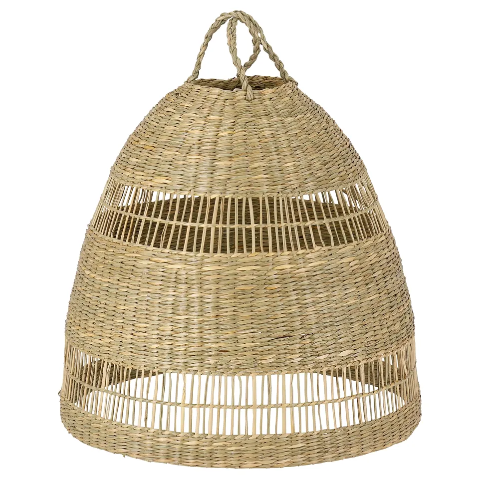 Natural seagrass pendant lamp, hand-woven, conical shape, warm light.