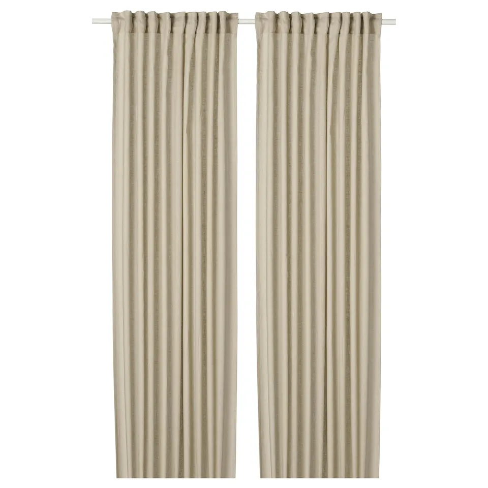 Pair of beige linen DYTÅG curtains with textured fabric, rod pocket header, offering privacy and light filtering.