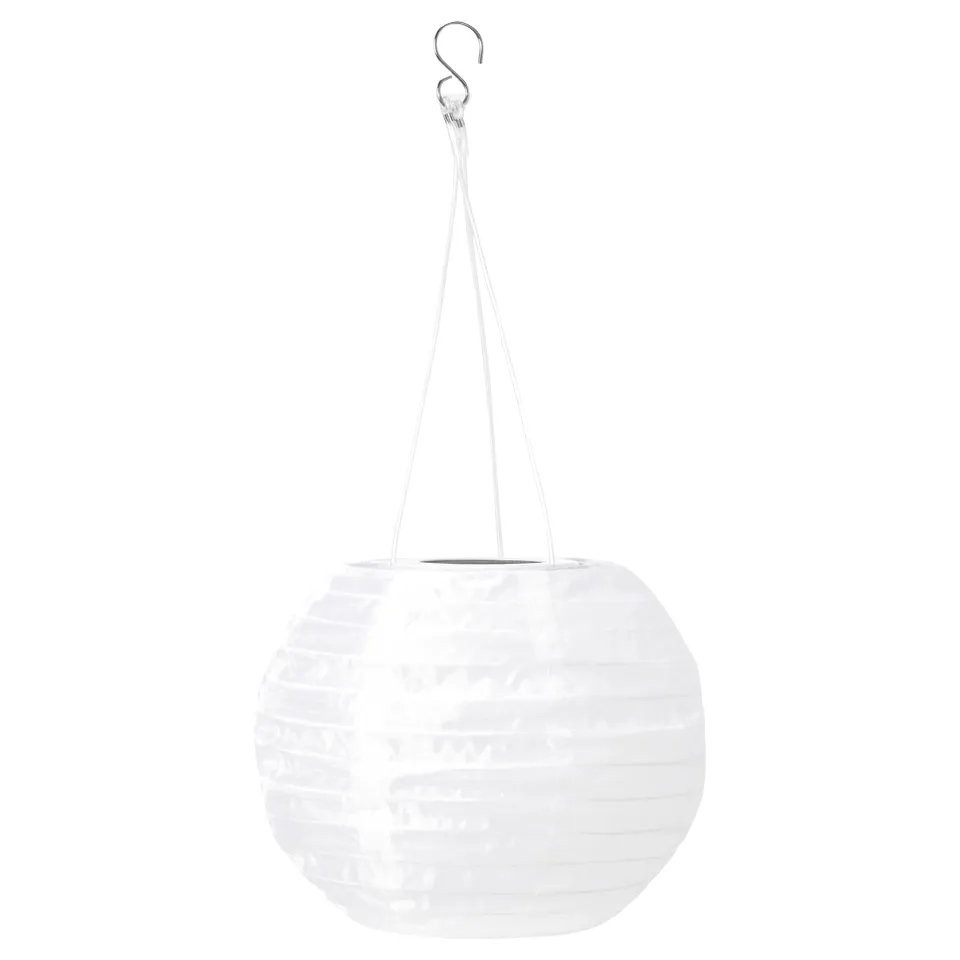 SOLVINDEN white solar lamp, round shape, hangs from string for outdoor lighting.
