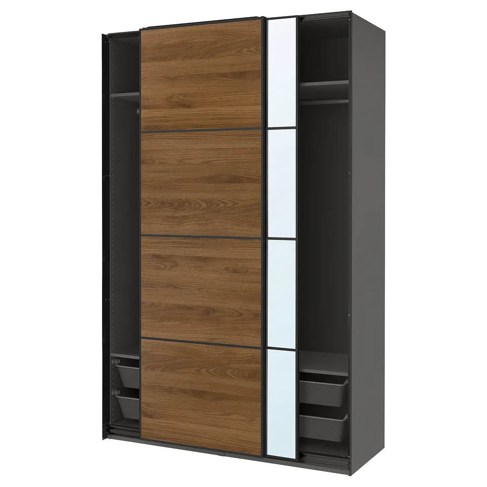 Displays a PAX wardrobe with a dark finish, featuring wooden and mirrored sliding doors, and black metal accents.