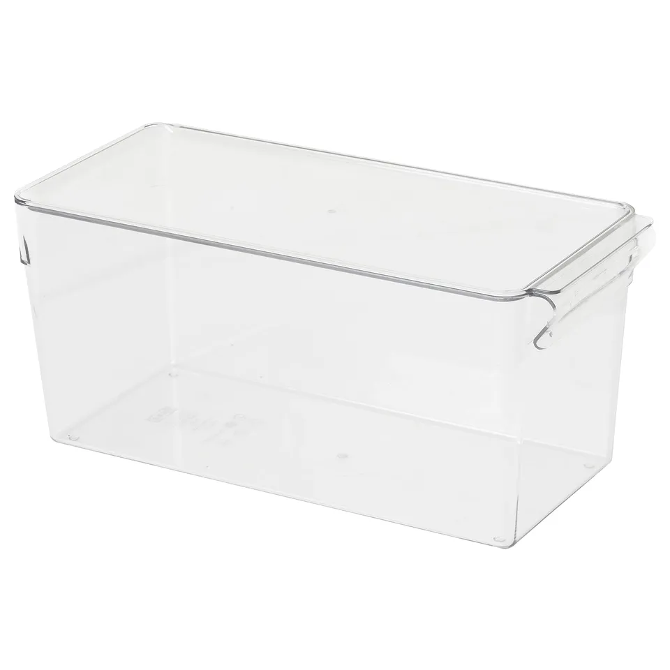A clear plastic storage box named KLIPPKAKTUS. Its rectangular, with a lid and built-in handle, designed for organising fridge contents.