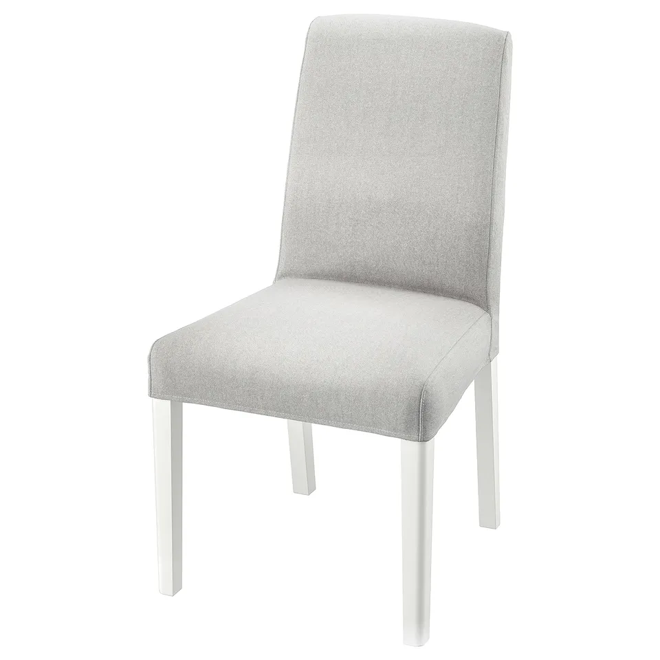 BERGMUND chair, grey with white legs, high back, sleek design.