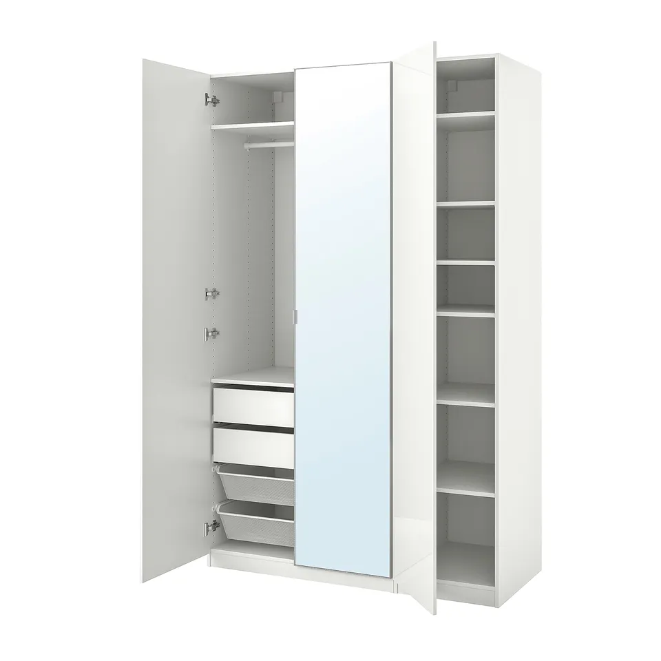 A white ikea PAX wardrobe with mirror doors and internal storage shelves.