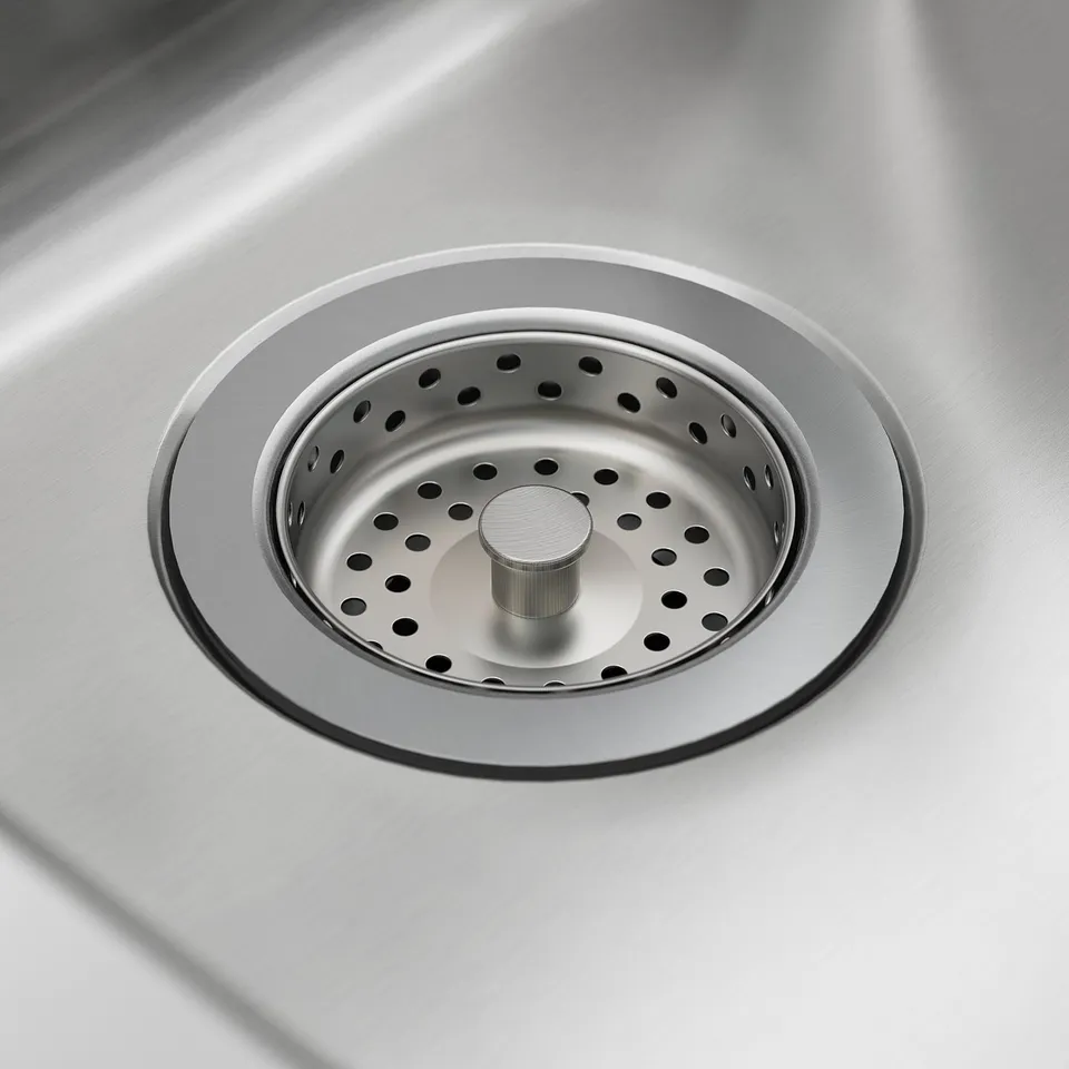 Stainless steel sink strainer, modern, durable, with clean design and functional drain holes.