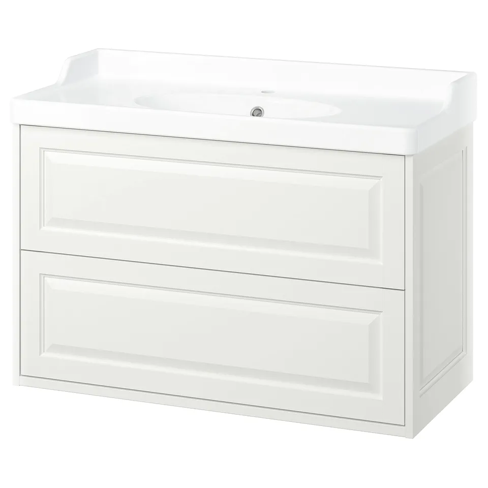 White wall-mounted bathroom cabinet with two drawers, classic design.
