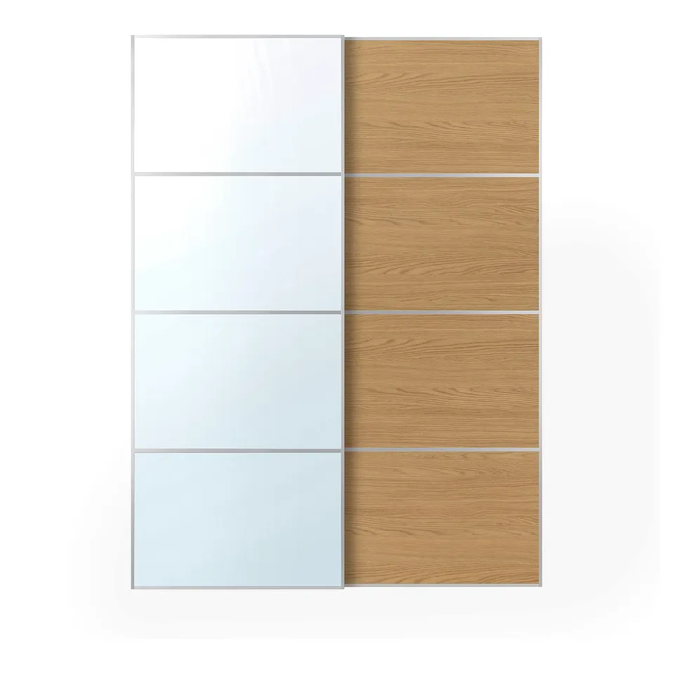AULI / MEHAMN Pair of sliding doors, aluminium mirror glass/double sided oak effect, 150x201 cm