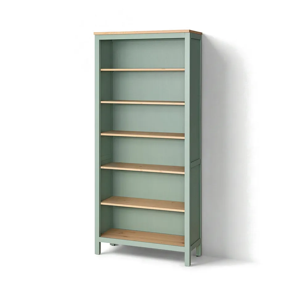 HEMNES bookcase, greenish, wooden shelves, metal frame, rectangular, modern design.