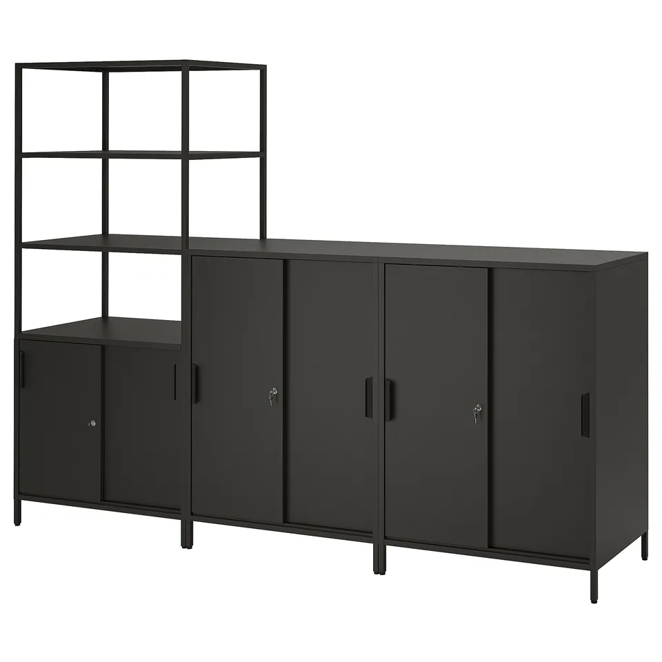 Black TROTTEN cabinet, double-sided with open & closed storage, ideal for room division, sliding doors & adjustable shelves.