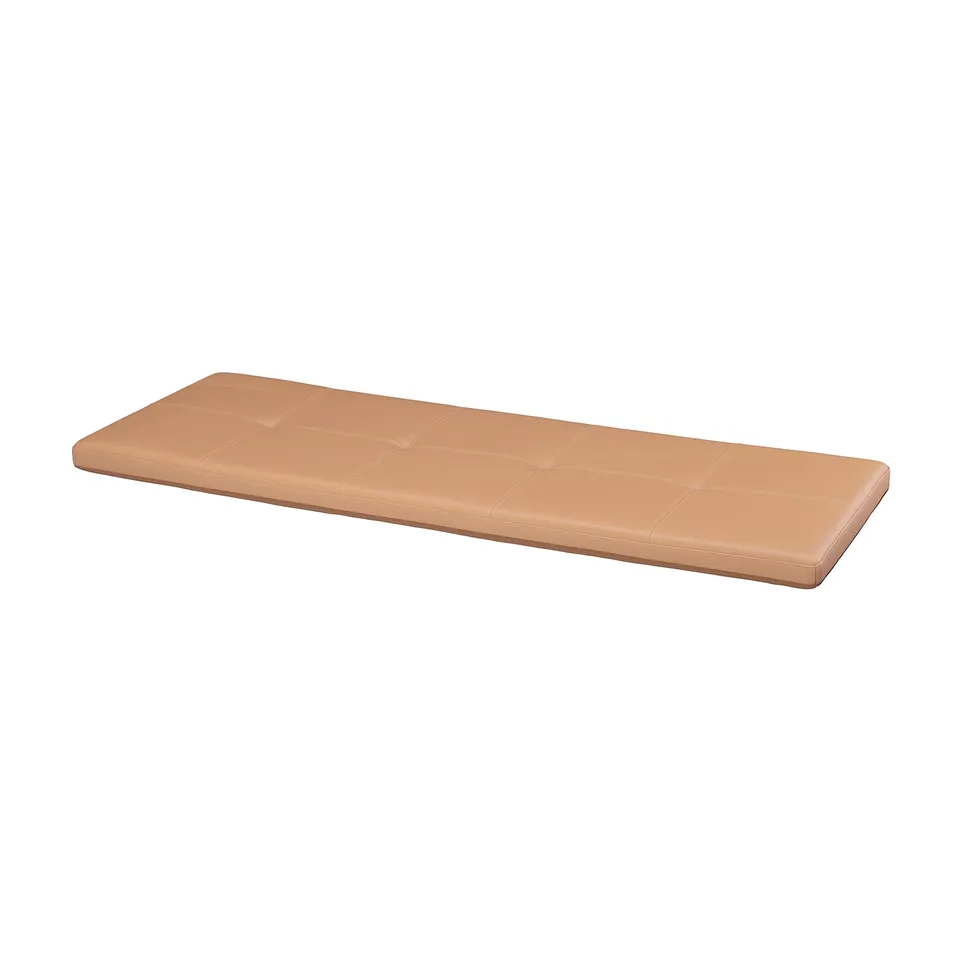 A STOCKHOLM 2025 tan leather bench with a rectangular shape and tufted design.