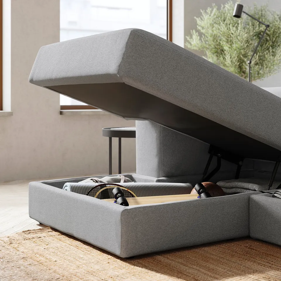JÄTTEBO modular sofa in grey with storage and hinged seat.