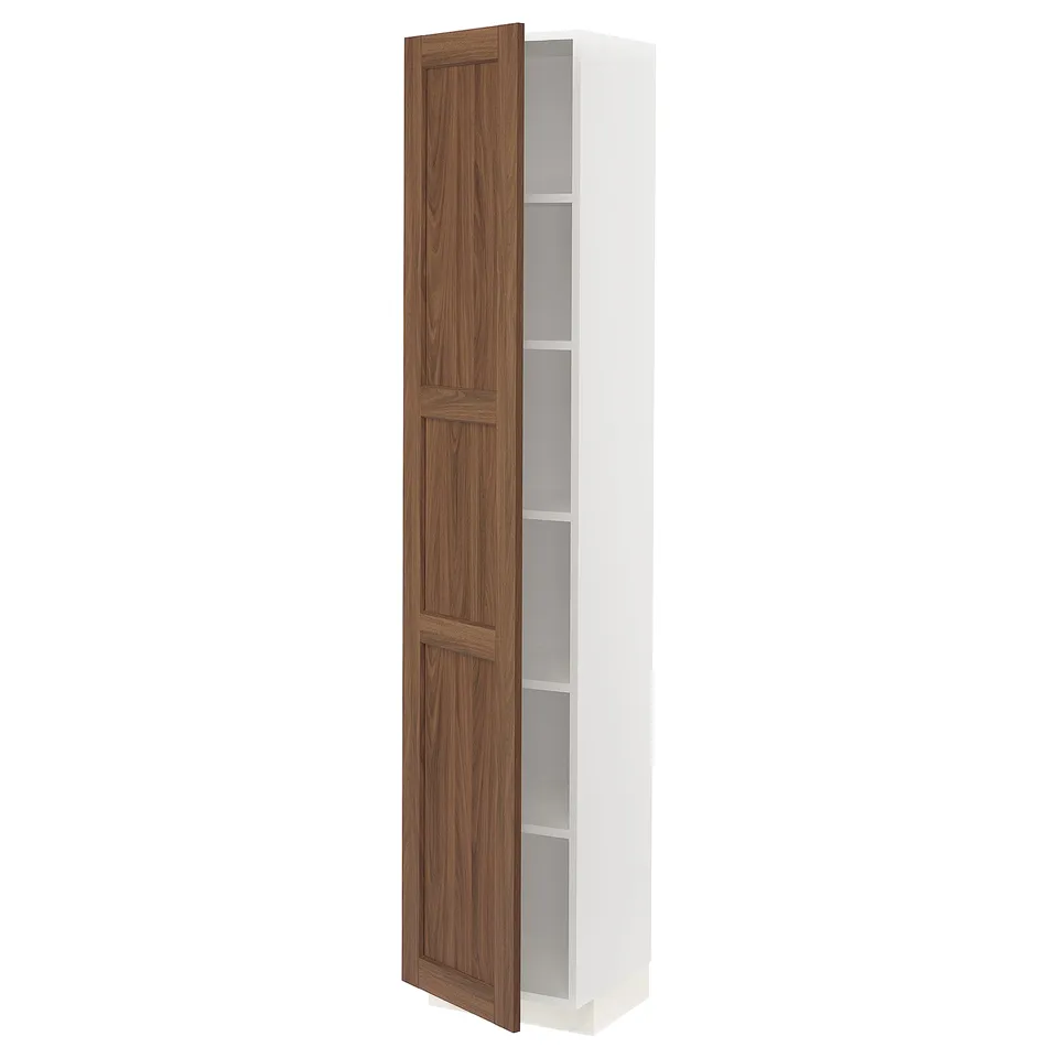 Walnut METOD kitchen cabinet, tall, white with wood door, adjustable shelves.