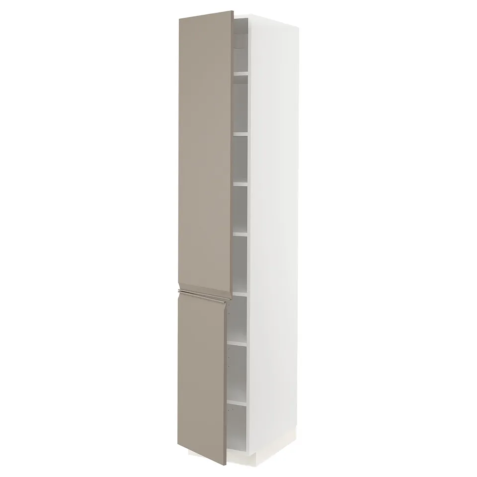 METOD white cabinet in beige, slim rectangular shape, two doors, adjustable shelves.