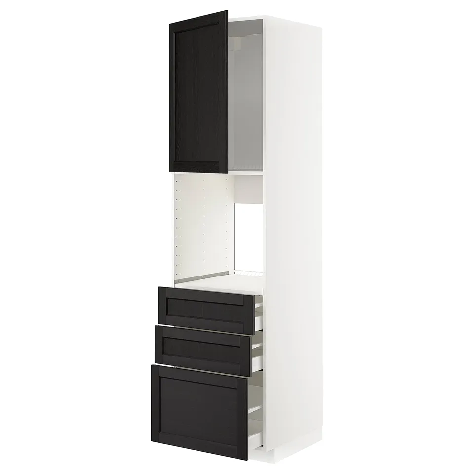 White METOD kitchen unit with black drawers, bevelled edges.