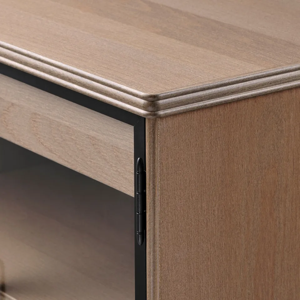 Modern wooden sideboard with glass door and sleek handles, showcasing quality craftsmanship and sturdy design.