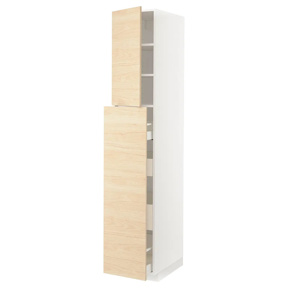 A tall white METOD kitchen cabinet with light wood detailing and adjustable shelves.