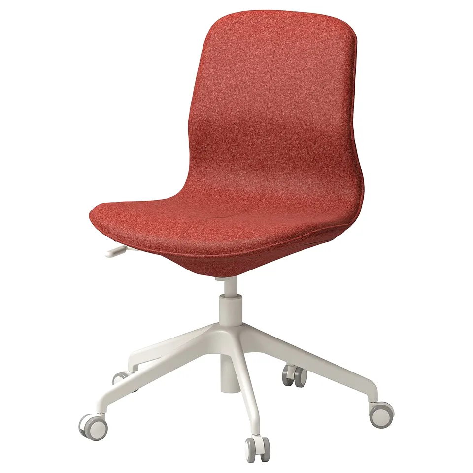 A red LÅNGFJÄLL office chair with white swivel base and casters, featuring a curved seat and backrest design.