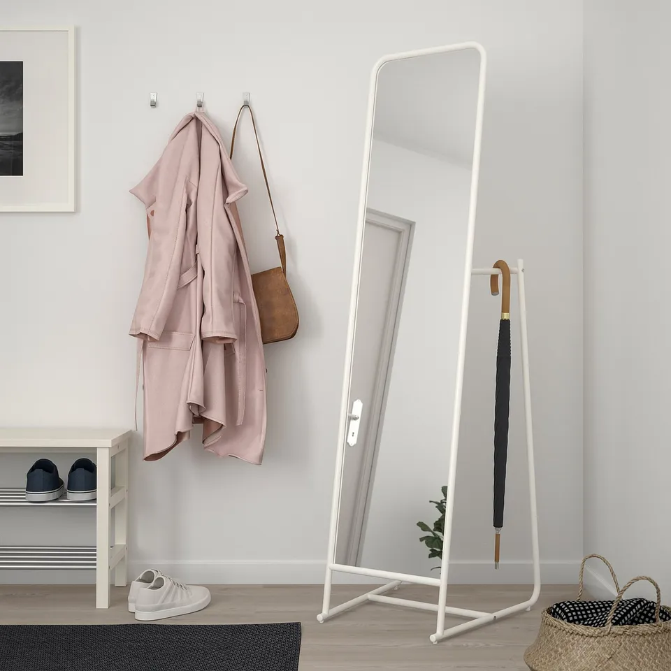 KNAPPER mirror with hooks, white, floor-standing, tall.