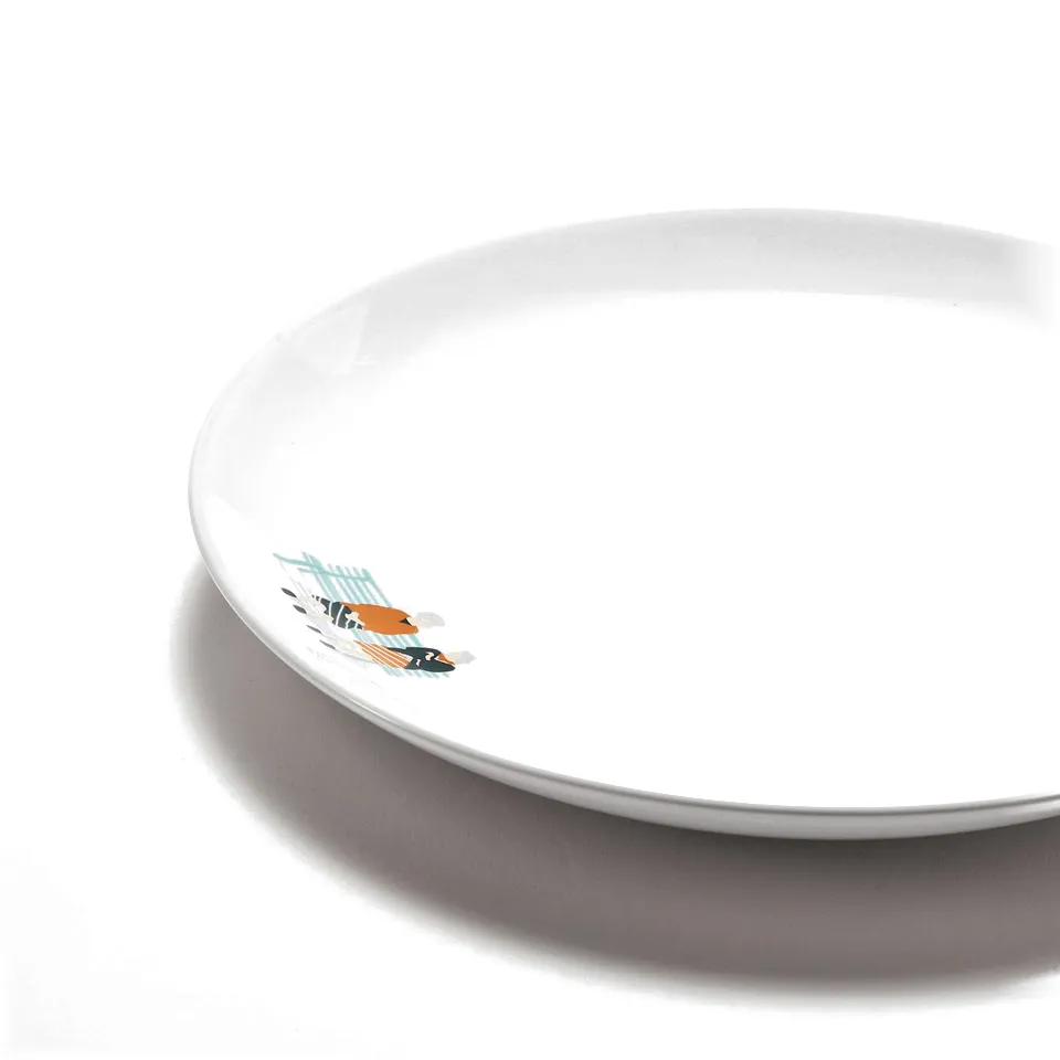 Small white plate with colourful fish design.